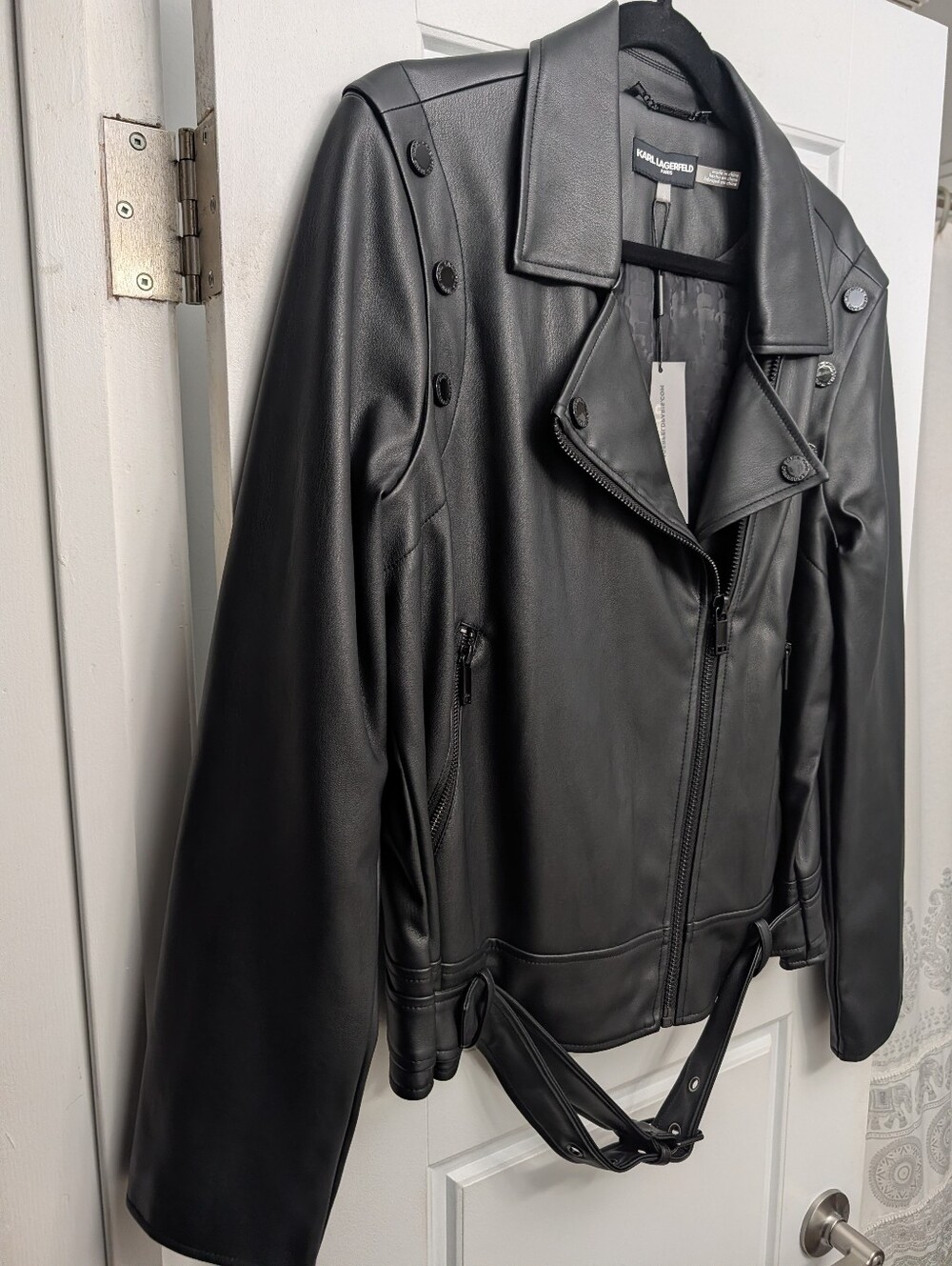 Karl Lagerfeld Black Faux Leather Moto-Style Jacket with Belt